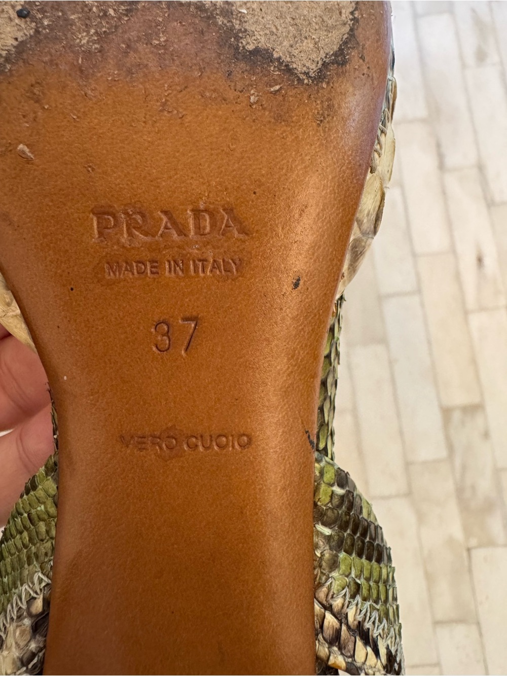 Prada 1P5478 Patch Summer Menta Python Snakeskin Slingback Heels 37 Y2K Shoes - Picture 9 of 10